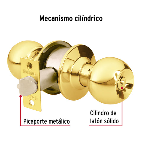 Cerradura tipo esfera para recámara, latón brillante, HERMEX | CEPO-11R | 43473