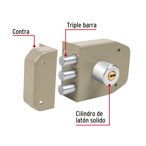 Cerradura sobreponer 3 barras instalafácil, llave puntos | CS-93 | 43488