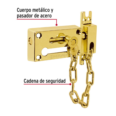 Pasador con cadena para puerta, acabado latón, HERMEX | PACA-1 | 43707