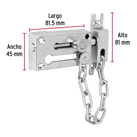 Pasador con cadena para puerta, acabado cromo mate, HERMEX | PACA-3 | 43709