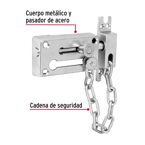 Pasador con cadena para puerta, acabado cromo mate, HERMEX | PACA-3 | 43709