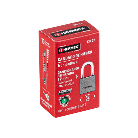 Candado de hierro 32 mm gancho corto en caja, HERMEX | CH-32 | 43791