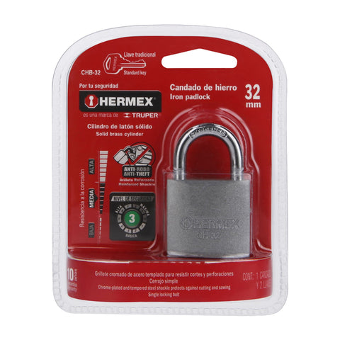 Candado de hierro 32 mm gancho corto en blíster, HERMEX | CHB-32 | 43792