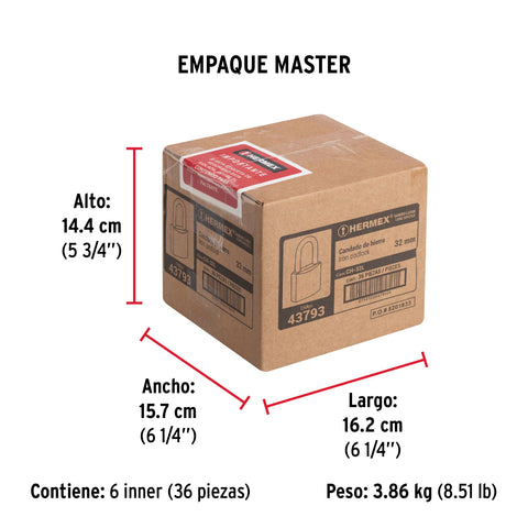 Candado de hierro 32 mm gancho largo en caja, HERMEX | CH-32L | 43793