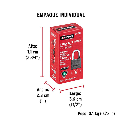 Candado de hierro 32 mm gancho largo en caja, HERMEX | CH-32L | 43793