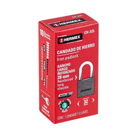 Candado de hierro 32 mm gancho largo en caja, HERMEX | CH-32L | 43793