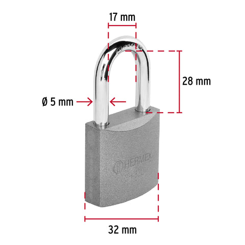 Candado de hierro 32 mm gancho largo en caja, HERMEX | CH-32L | 43793