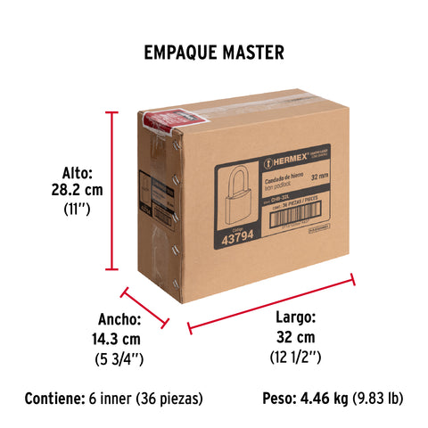 Candado de hierro 32 mm gancho largo en blíster, HERMEX | CHB-32L | 43794