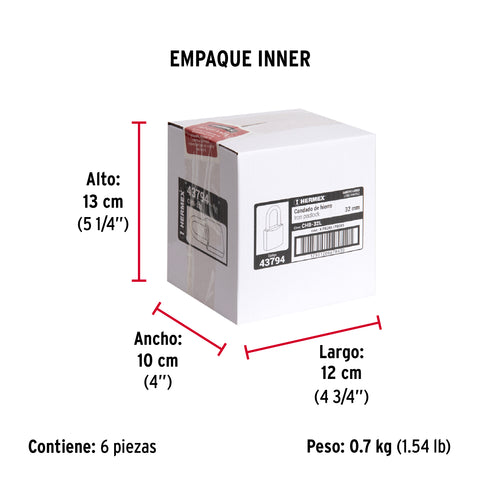 Candado de hierro 32 mm gancho largo en blíster, HERMEX | CHB-32L | 43794