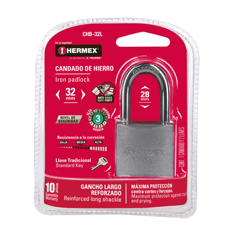 Candado de hierro 32 mm gancho largo en blíster, HERMEX | CHB-32L | 43794