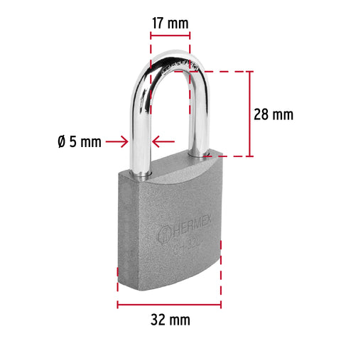 Candado de hierro 32 mm gancho largo en blíster, HERMEX | CHB-32L | 43794