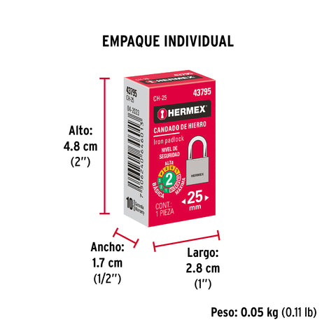 Candado de hierro 25 mm gancho corto en caja, HERMEX | CH-25 | 43795