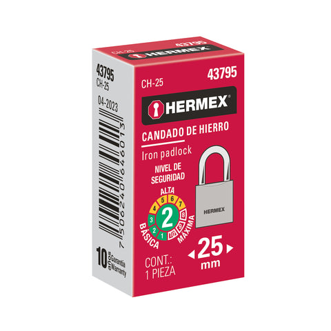 Candado de hierro 25 mm gancho corto en caja, HERMEX | CH-25 | 43795