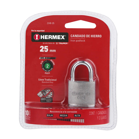 Candado de hierro 25 mm gancho corto en blíster, HERMEX | CHB-25 | 43796