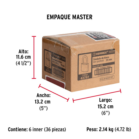 Candado de hierro 25 mm gancho largo en caja, HERMEX | CH-25L | 43797