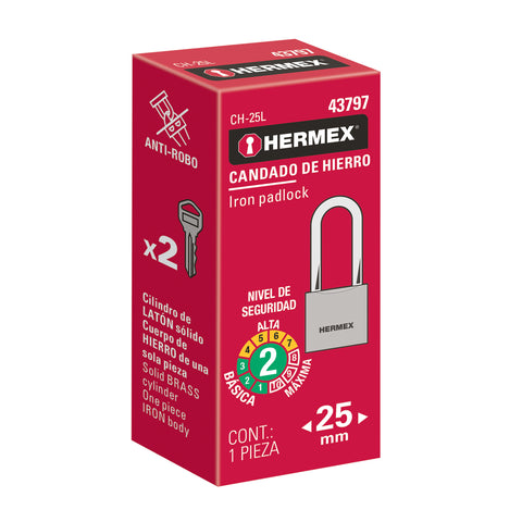 Candado de hierro 25 mm gancho largo en caja, HERMEX | CH-25L | 43797