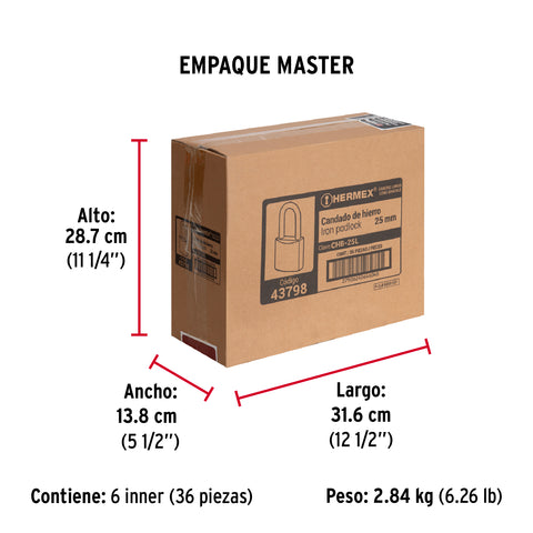 Candado de hierro 25 mm gancho largo en blíster, HERMEX | CHB-25L | 43798