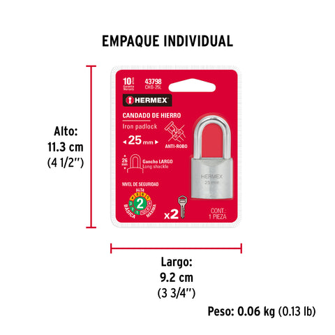 Candado de hierro 25 mm gancho largo en blíster, HERMEX | CHB-25L | 43798