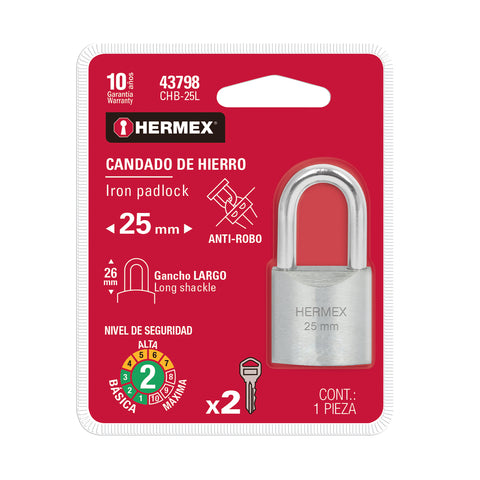 Candado de hierro 25 mm gancho largo en blíster, HERMEX | CHB-25L | 43798
