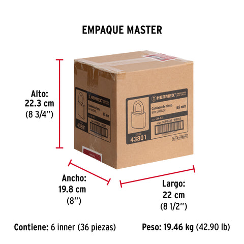 Candado de hierro 63 mm gancho corto en caja, HERMEX | CH-63 | 43801