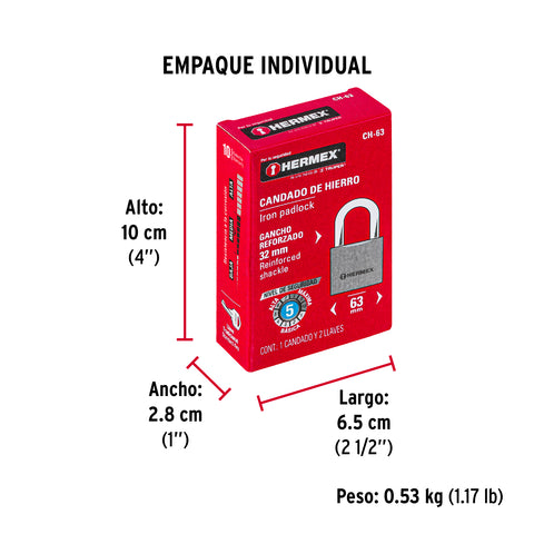 Candado de hierro 63 mm gancho corto en caja, HERMEX | CH-63 | 43801