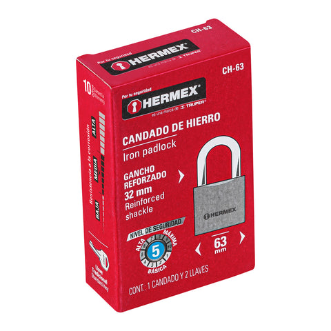 Candado de hierro 63 mm gancho corto en caja, HERMEX | CH-63 | 43801