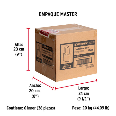 Candado de hierro 63 mm gancho largo en caja, HERMEX | CH-63L | 43802