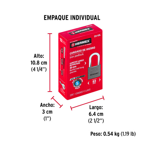 Candado de hierro 63 mm gancho largo en caja, HERMEX | CH-63L | 43802