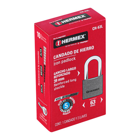 Candado de hierro 63 mm gancho largo en caja, HERMEX | CH-63L | 43802