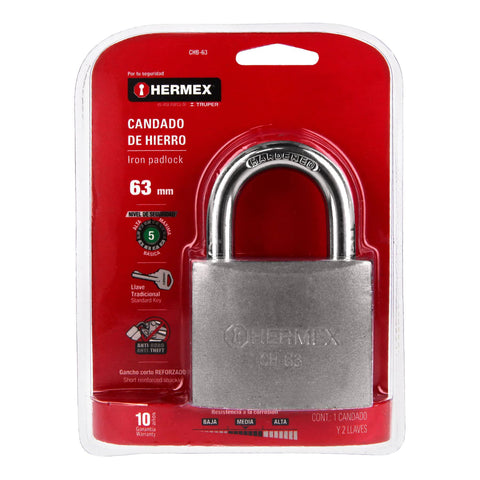 Candado de hierro 63 mm gancho corto en blíster, HERMEX | CHB-63 | 43803