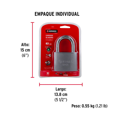 Candado de hierro 63 mm gancho largo en blíster, HERMEX | CHB-63L | 43804