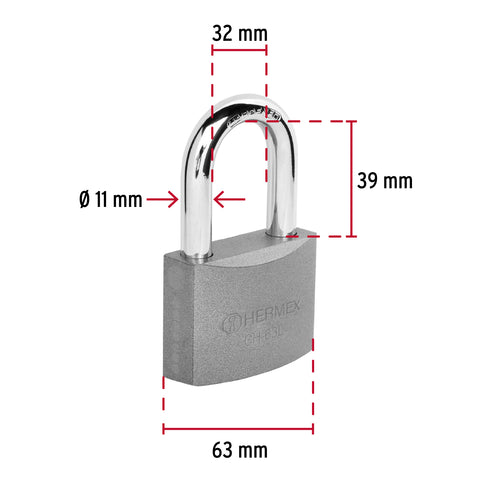 Candado de hierro 63 mm gancho largo en blíster, HERMEX | CHB-63L | 43804