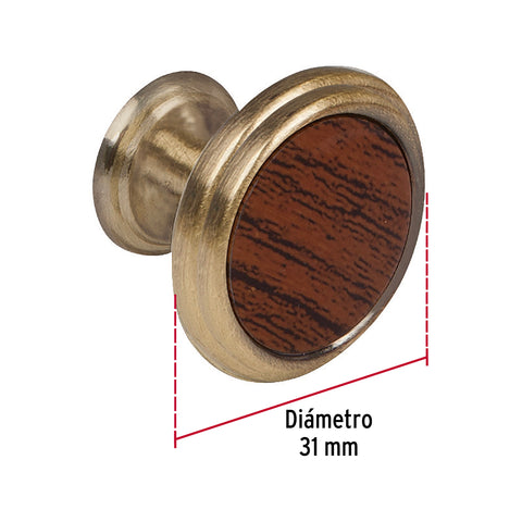 Perilla metálica, latón antiguo, inserto madera, HERMEX | PER-063 | 43813