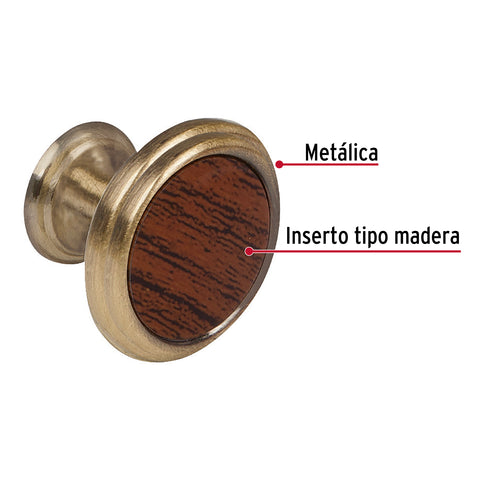 Perilla metálica, latón antiguo, inserto madera, HERMEX | PER-063 | 43813