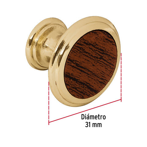 Perilla metálica, latón brillante, inserto madera, HERMEX | PER-062 | 43814