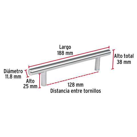 Jaladera de acero, 128mm, línea Cilindro, níquel, HERMEX | JAL-0312 | 43827