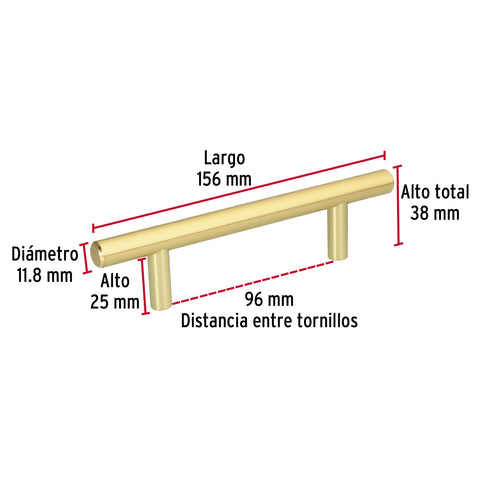 Jaladera de acero, 96mm, línea Cilindro, latón brillante | JAL-0321 | 43830
