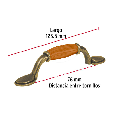 Jaladera metálica de 76mm latón antiguo, inserto tipo madera | JAL-0631 | 43831