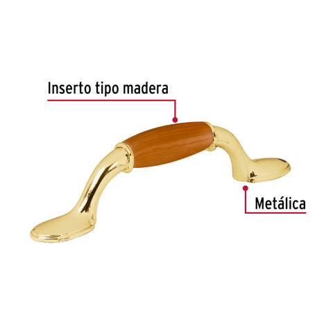 Jaladera metálica, 76mm latón brillante, inserto tipo madera | JAL-0621 | 43832