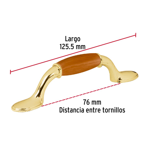 Jaladera metálica, 76mm latón brillante, inserto tipo madera | JAL-0621 | 43832