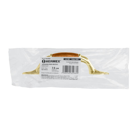 Jaladera metálica, 76mm latón brillante, inserto tipo madera | JAL-0621 | 43832