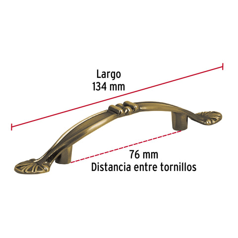 Jaladera metálica de 76 mm estilo 'Barroco', latón antiguo | JAL-0431 | 43835