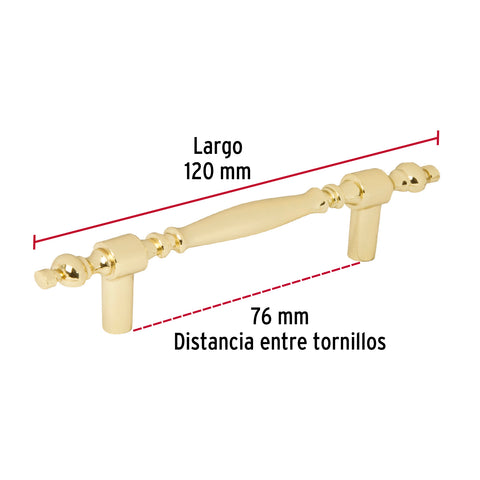Jaladera metálica de 76mm estilo 'Colonial', latón brillante | JAL-0521 | 43836