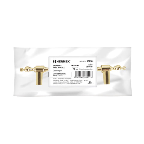 Jaladera metálica de 76mm estilo 'Colonial', latón brillante | JAL-0521 | 43836