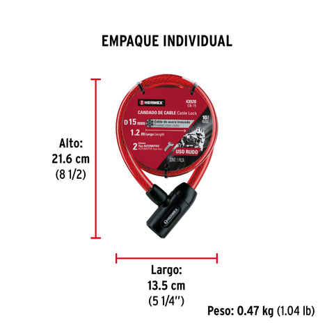 Candado de cable con llave, 15mm X 1.20 m, HERMEX | CB-15 | 43920