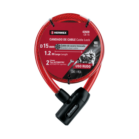 Candado de cable con llave, 15mm X 1.20 m, HERMEX | CB-15 | 43920