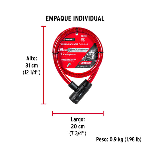 Candado de cable con llave, 20 mm X 1.20 m, HERMEX | CB-20 | 43921