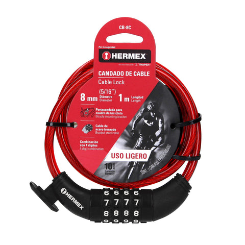 Candado de cable con combinación, 8 mm X 1.0 m, HERMEX | CB-8C | 43924