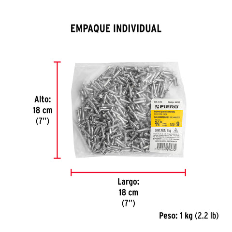 Bolsa con 1 kg de clavos para concreto galvanizados 3/4' | CLC-3/4G | 44120