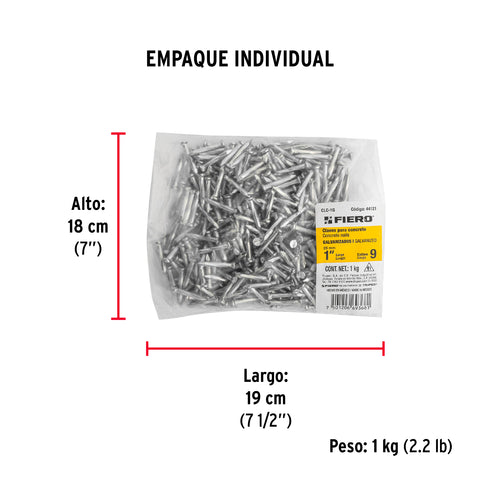 Bolsa con 1 kg de clavos para concreto galvanizados 1' | CLC-1G | 44121